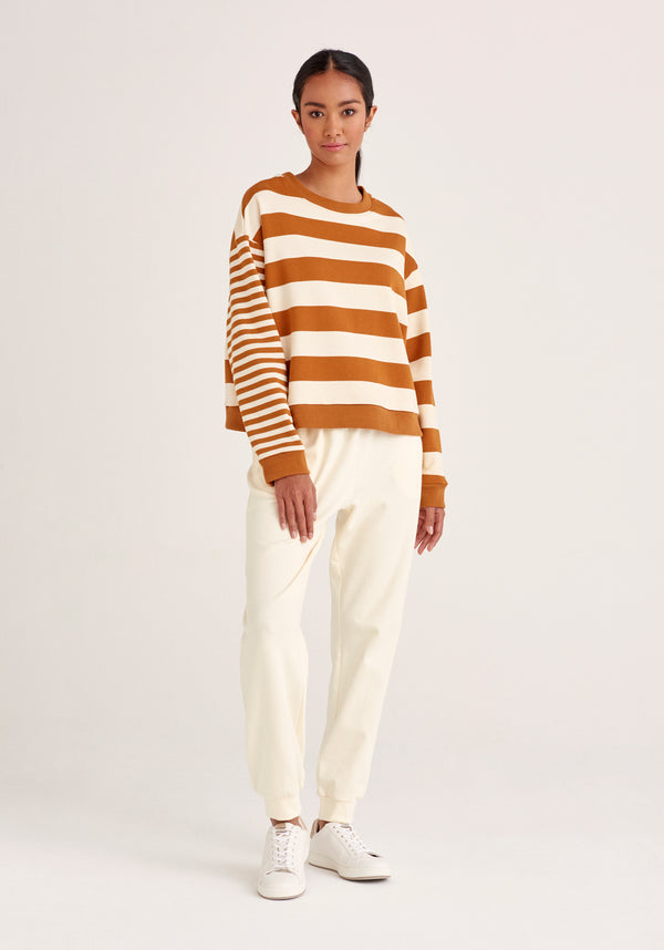 Paisie Contrast Stripe Sweatshirt in Cream and Brown